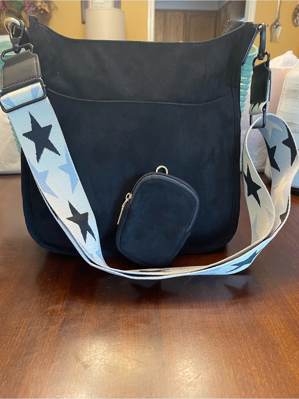 Ah-dorned Suede Black Crossbody Bag With a designed Stars Strap - Picture 3 of 11